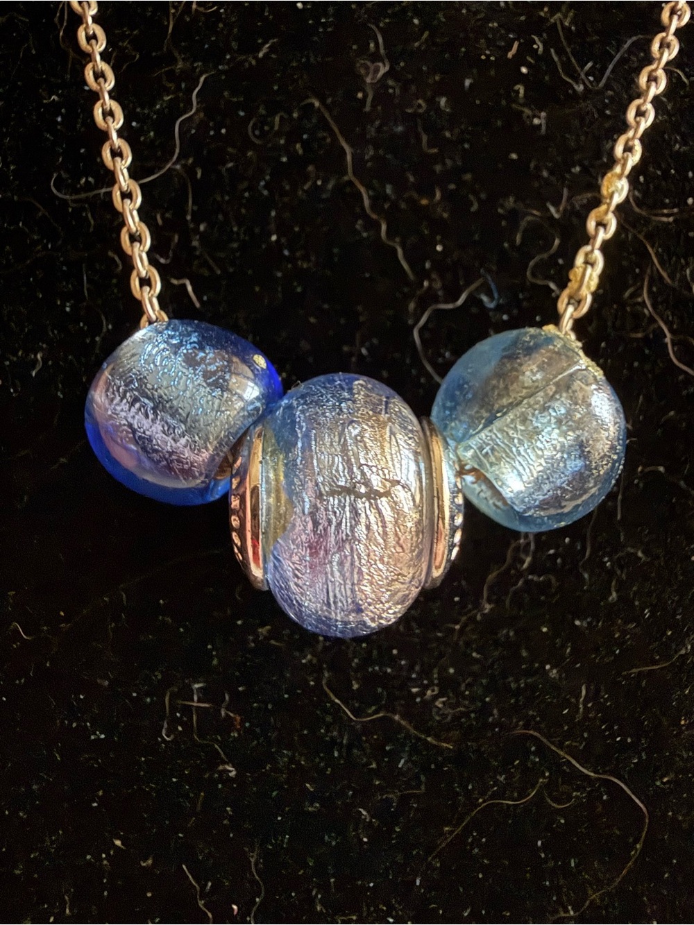 Authentic Murano Glass Pendant Necklace Shimmering Blue Foil Beads Link Chain View 2